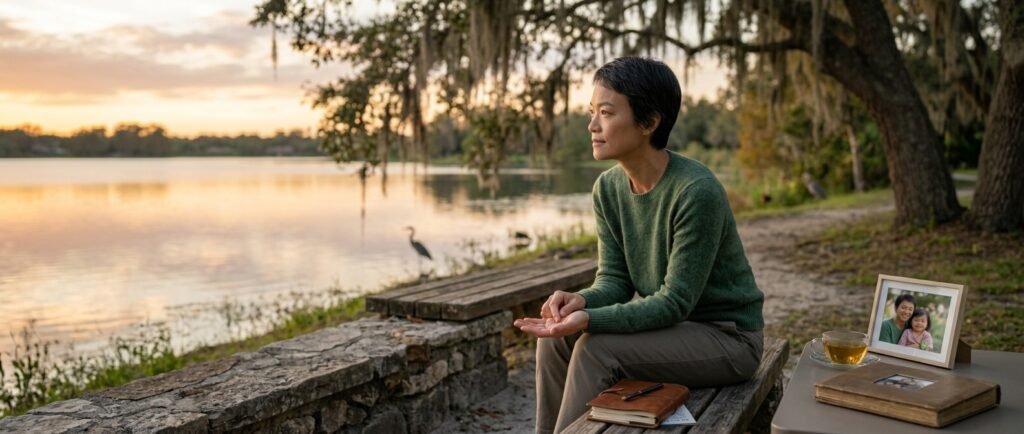 Woman sitting alone in quiet reflection during a midlife transition