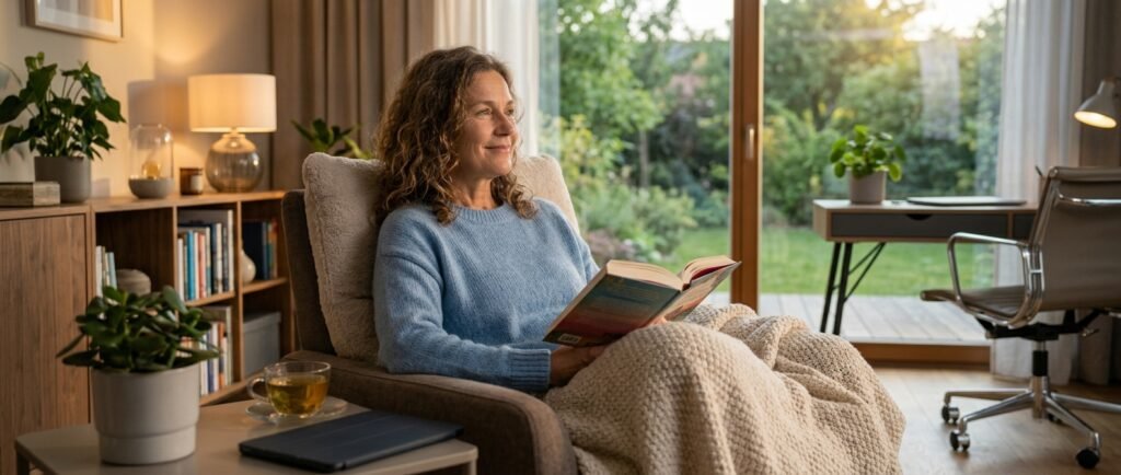 Woman relaxing at home, prioritizing rest and work-life balance