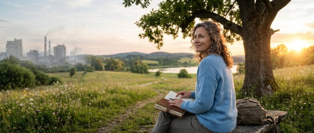 Woman walking away from an unhealthy environment toward a healthier one